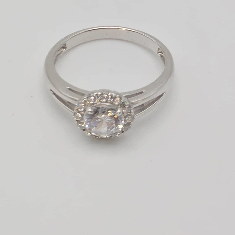 Vtg CN Signed 925 Sterling Silver Ring Halo Cubic Zirconia Split-Shank Size‎ 7